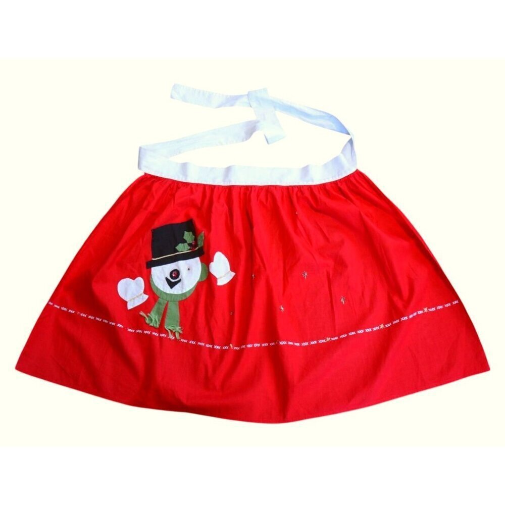 Vintage Christmas Apron Appliqued Snowman Red Cotton